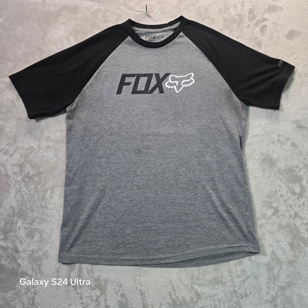 Fox Racing Training Tech Shirt Mens Medium Gray Black Raglan Logo Graphic Tee